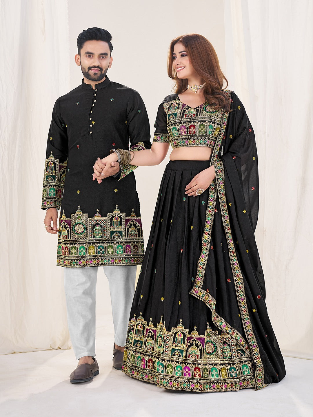 Black Pure Soft Georgette Matching Combo Couple Dress ##color##  with premium fabric and embroidery