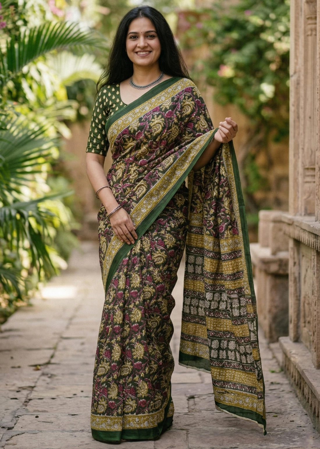 Green Pure Soft Mulmul Cotton Hand Block Printed Cotton Saree 