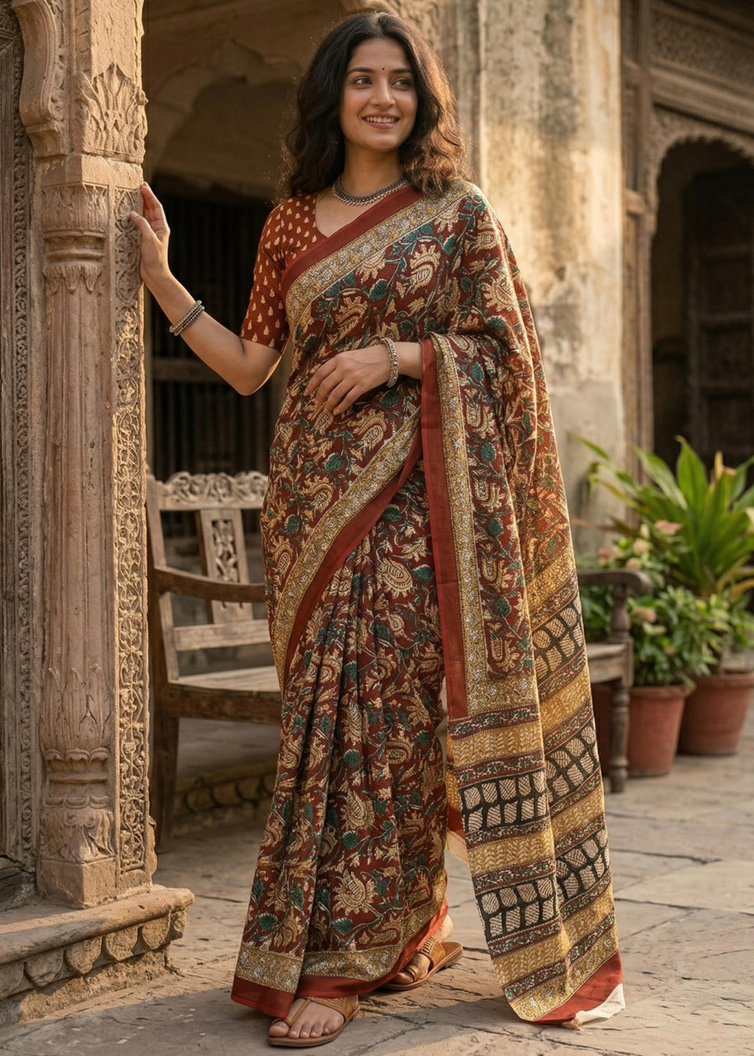 Brown Pure Soft Mulmul Cotton Hand Block Printed Cotton Saree 