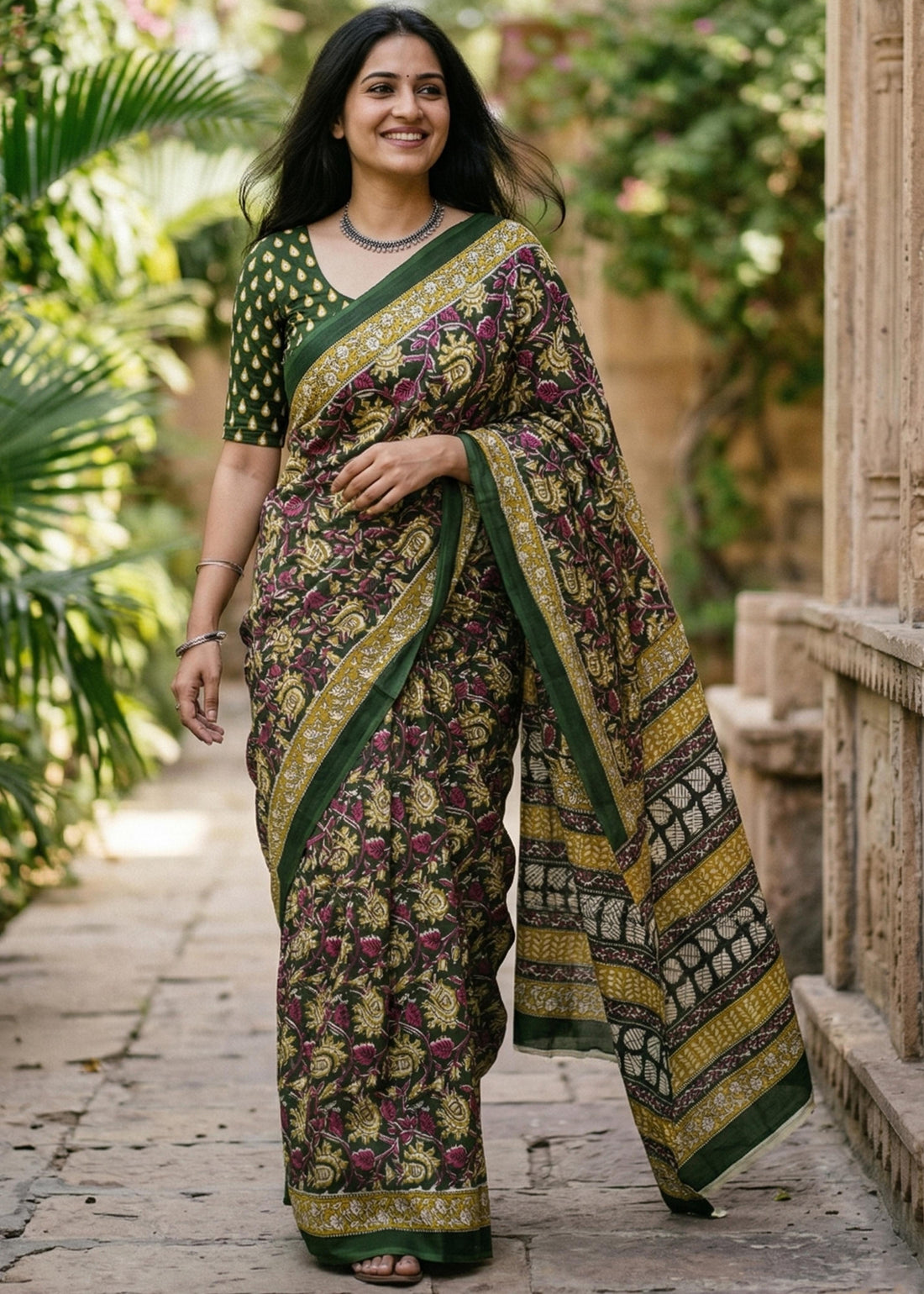Green Pure Soft Mulmul Cotton Hand Block Printed Cotton Saree 