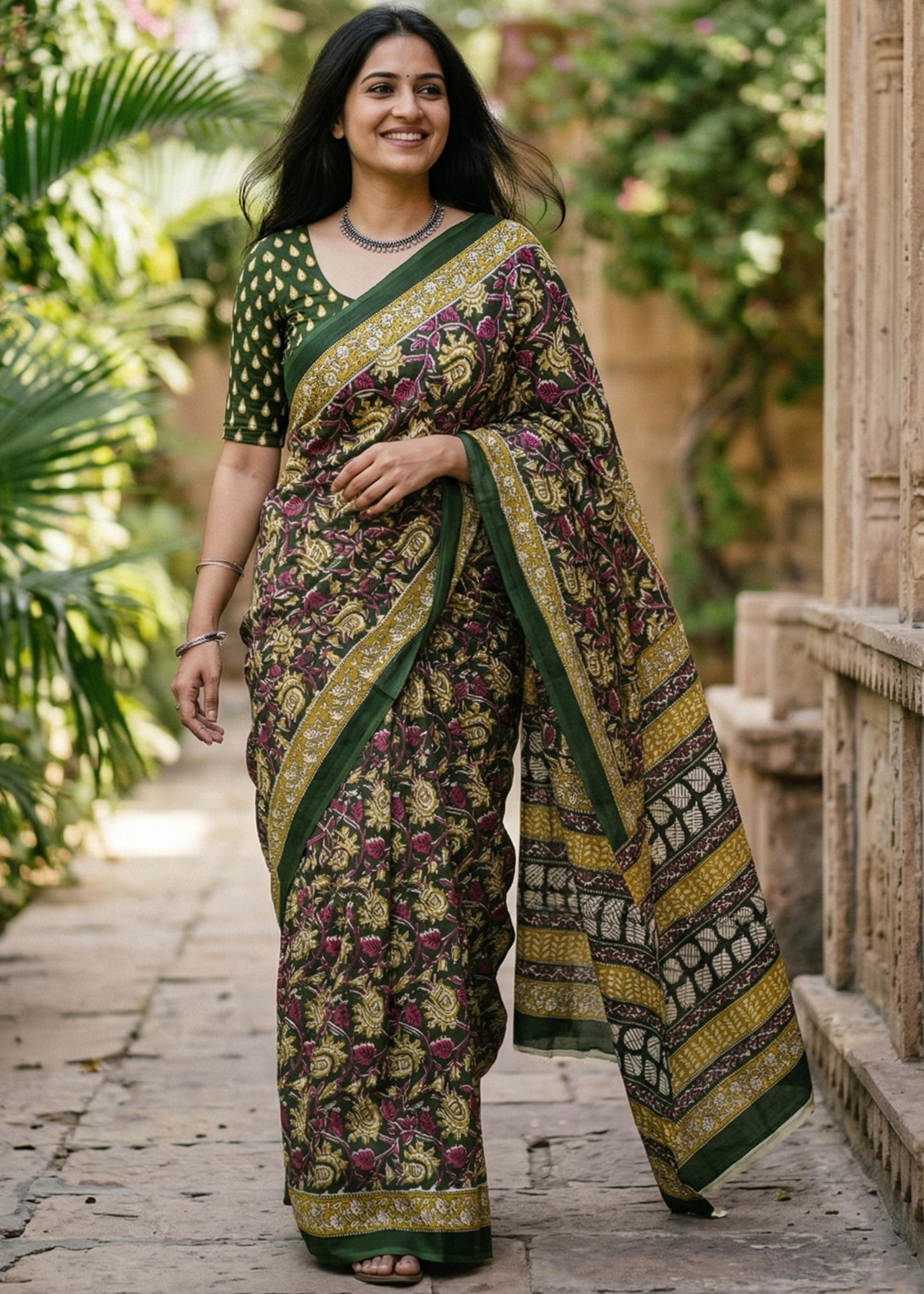 Green Pure Soft Mulmul Cotton Hand Block Printed Cotton Saree 