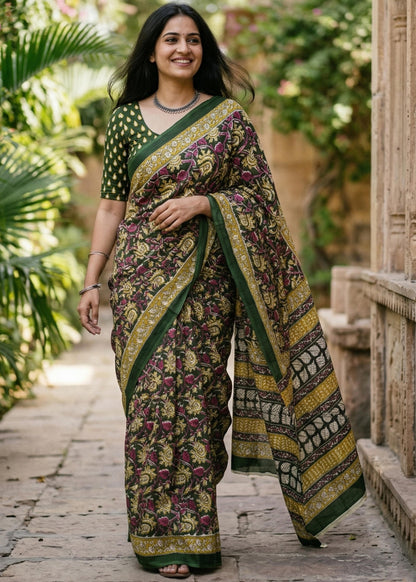 Green Pure Soft Mulmul Cotton Hand Block Printed Cotton Saree 