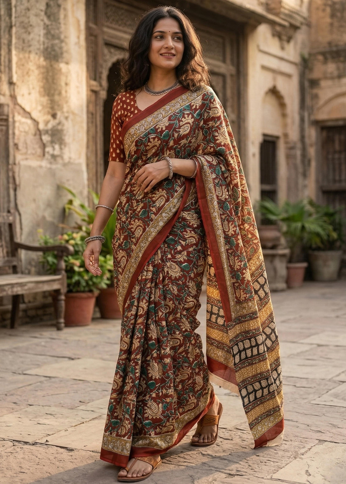 Brown Pure Soft Mulmul Cotton Hand Block Printed Cotton Saree 
