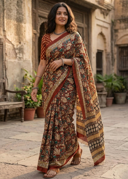 Brown Pure Soft Mulmul Cotton Hand Block Printed Cotton Saree 