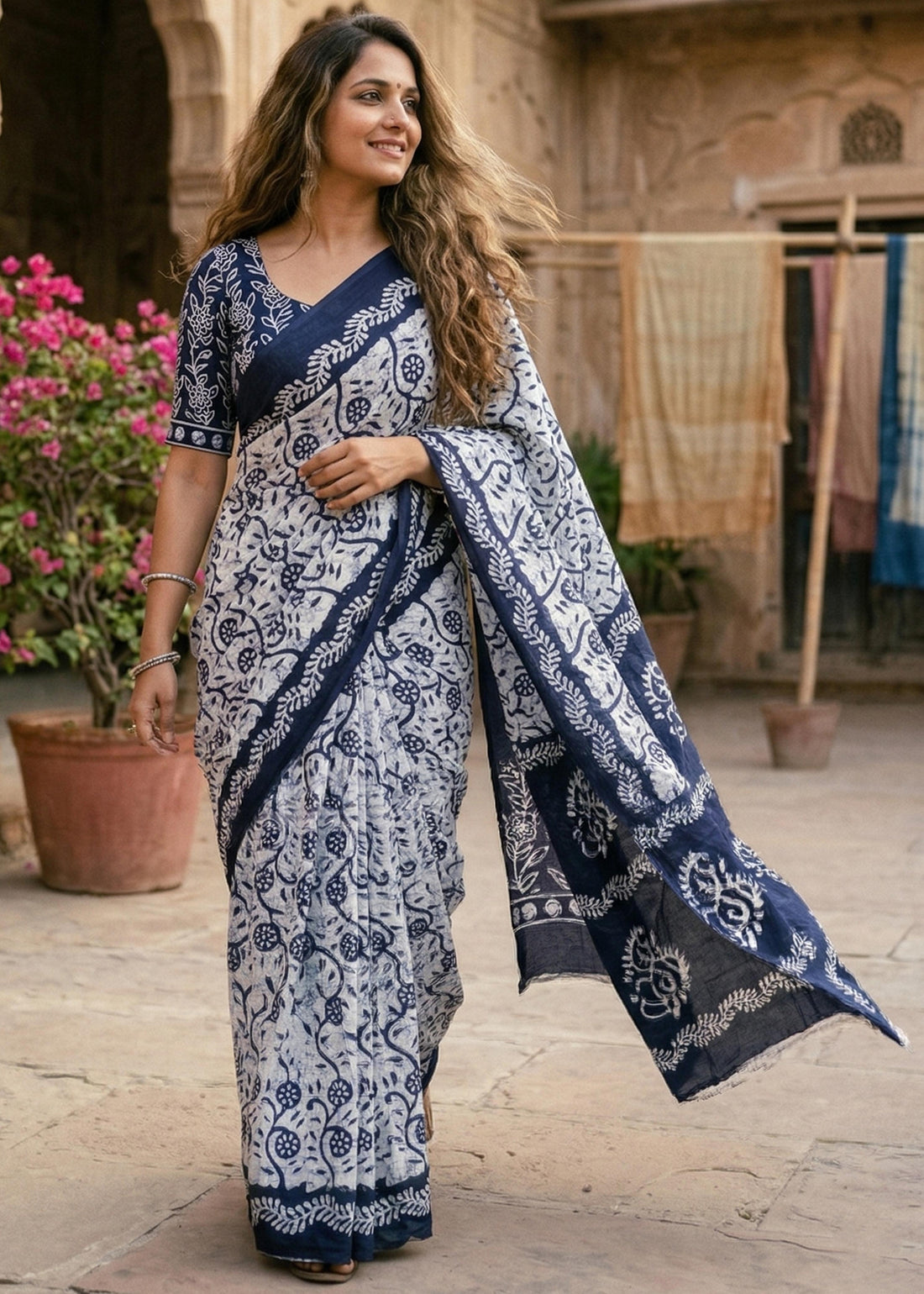 Blue Pure Soft Mulmul Cotton Batik Printed Cotton Saree 