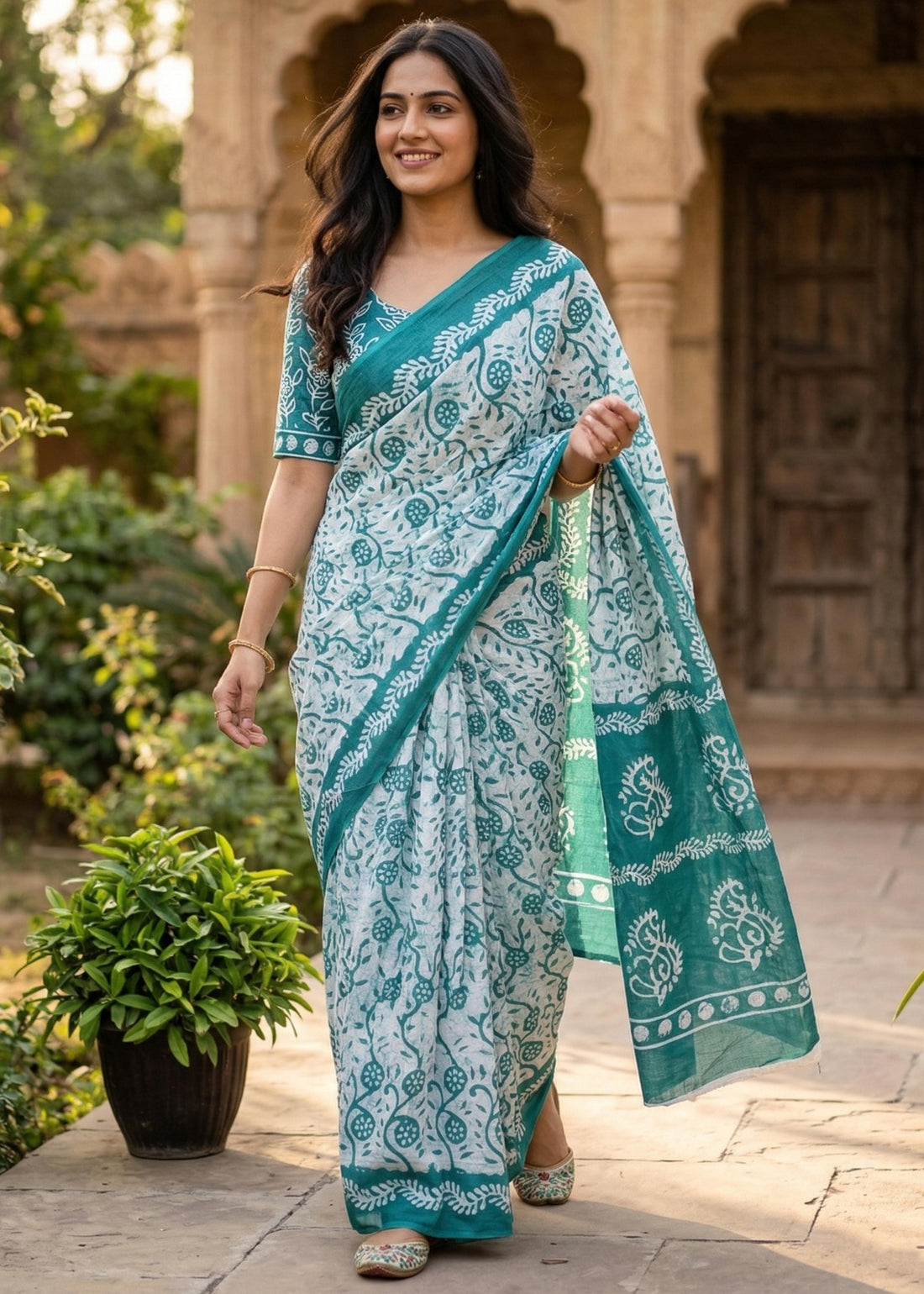 Sky Pure Soft Mulmul Cotton Batik Printed Cotton Saree 