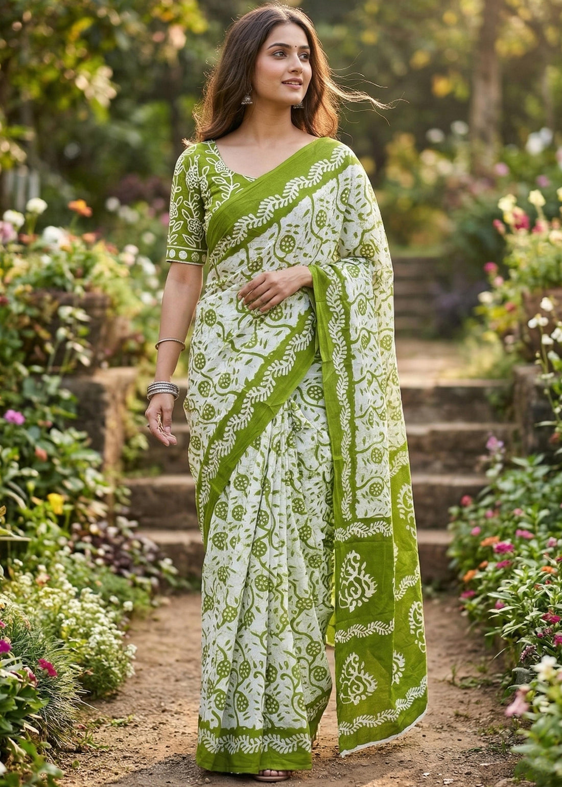 Green Pure Soft Mulmul Cotton Batik Printed Cotton Saree 