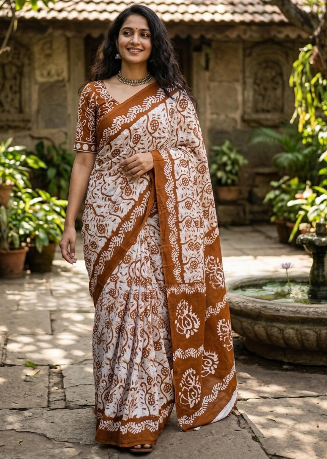 Brown Pure Soft Mulmul Cotton Batik Printed Cotton Saree 