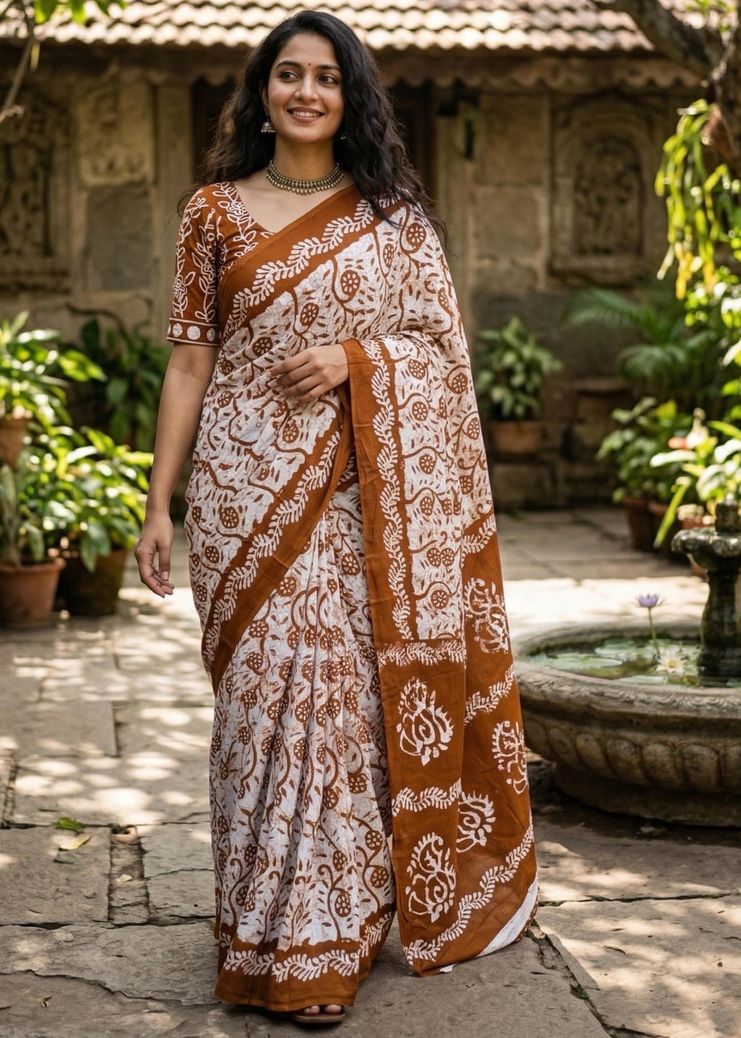 Brown Pure Soft Mulmul Cotton Batik Printed Cotton Saree 
