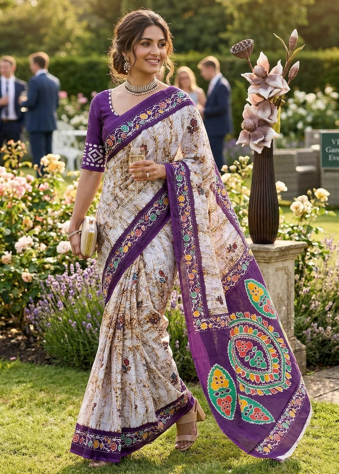 Purple Pure Soft Mulmul Cotton Block Print Printed Cotton Saree 