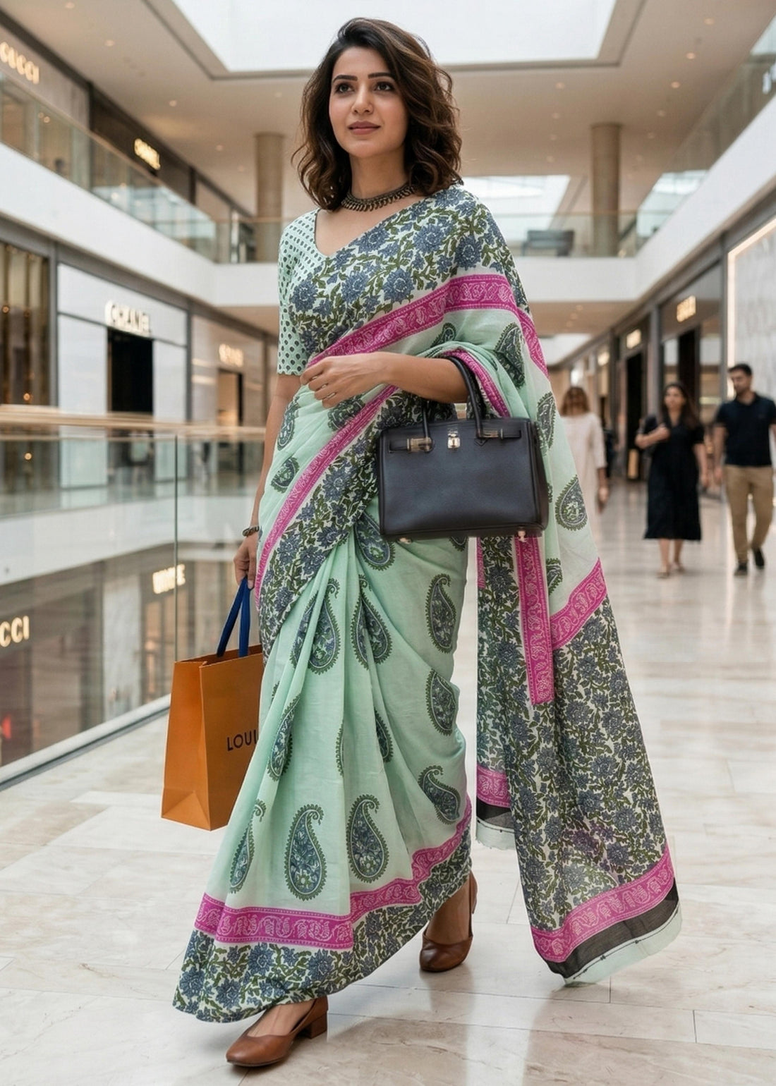 Green Pure Soft Mulmul Cotton Block Print Printed Cotton Saree 