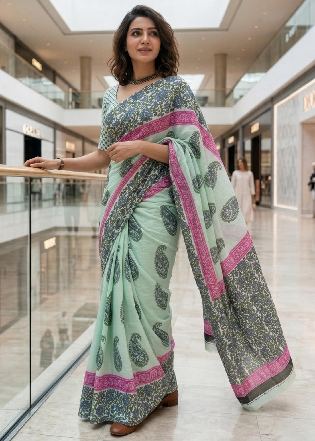Green Pure Soft Mulmul Cotton Block Print Printed Cotton Saree 