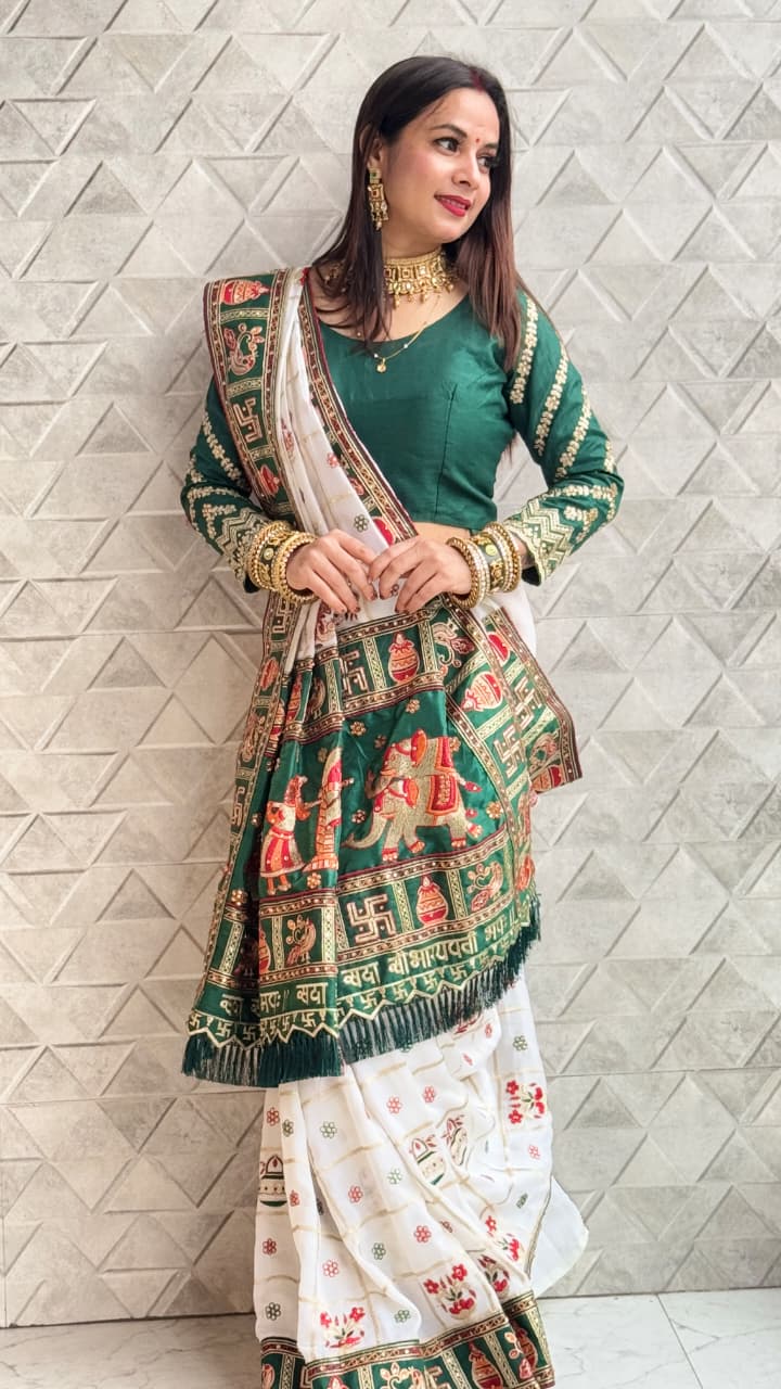 White Green Pure Soft Silk Panter Patola Embroiderd Panter Patola Saree