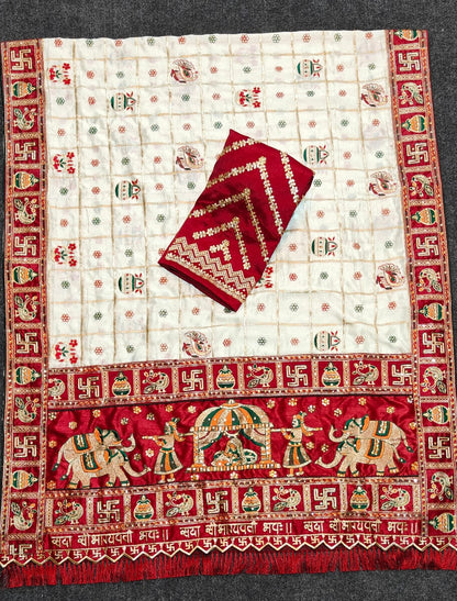 White Maroon Pure Soft Silk Panter Patola Embroiderd Panter Patola Saree 