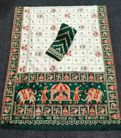 White Green Pure Soft Silk Panter Patola Embroiderd Panter Patola Saree