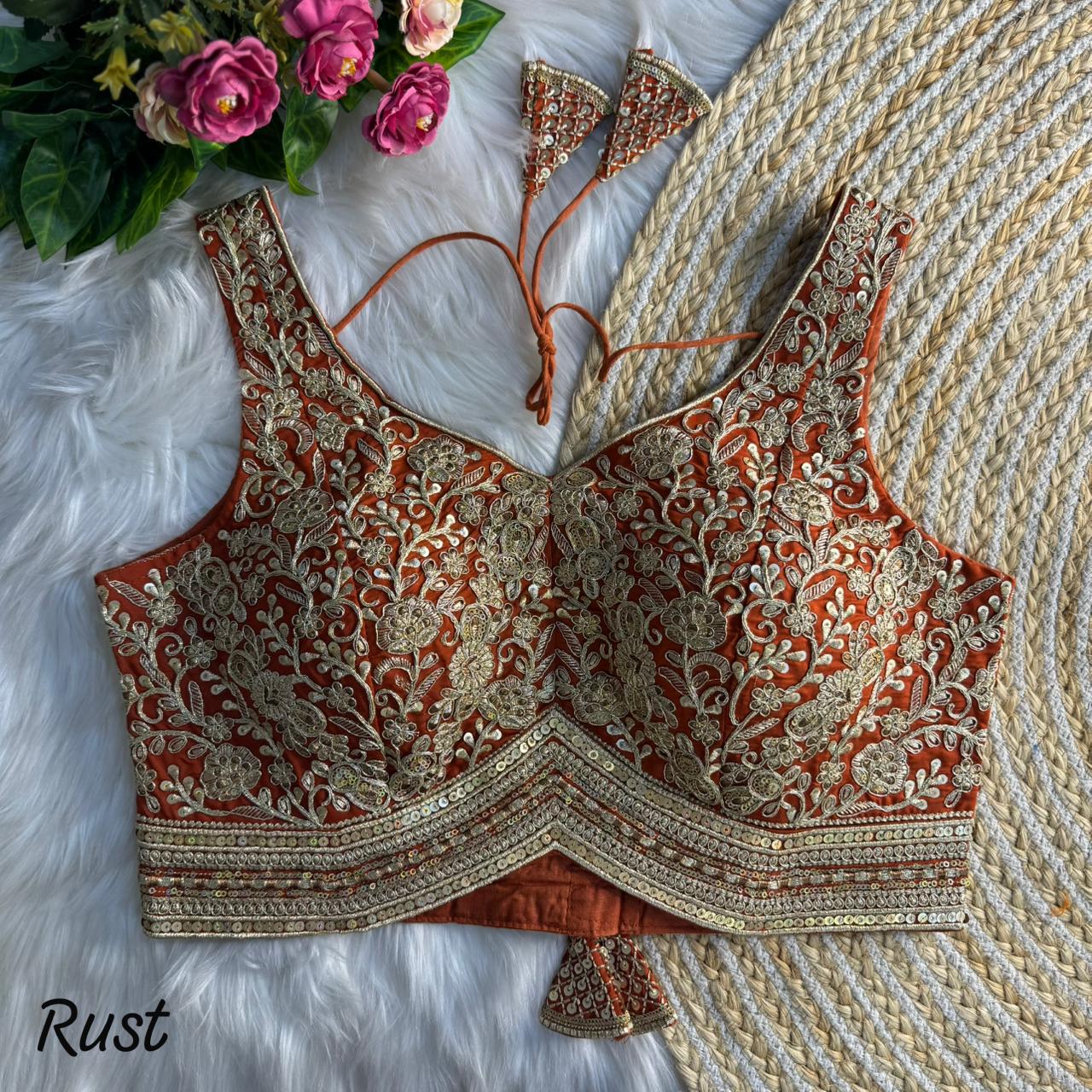 Readymade Pure Soft Heavy Soft Italian Silk Heavy Codding Work Blouse ##color## Ajrakh Cotton Blouse with premium fabric and embroidery