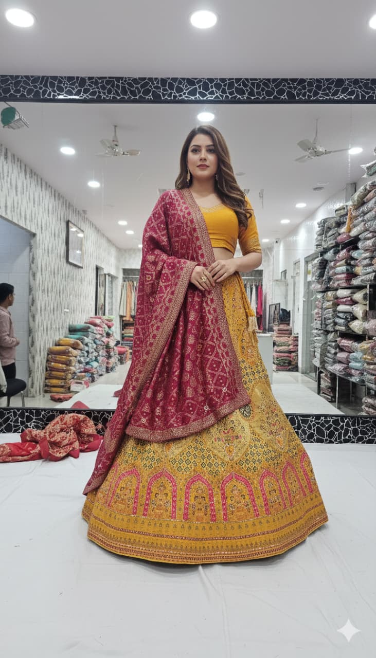 Yellow Pure Silk Rajsthani Rajputi Lehenga Choli 