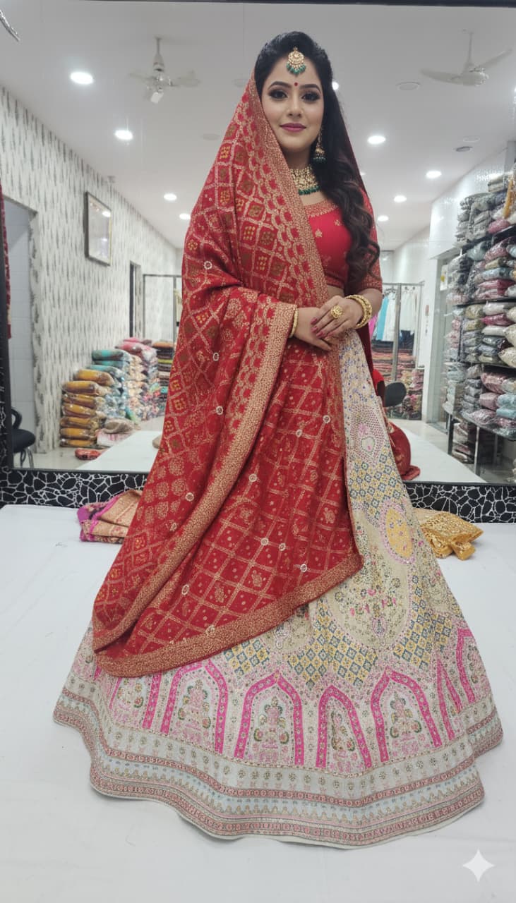 White Pure Silk Rajsthani Rajputi Lehenga Choli 