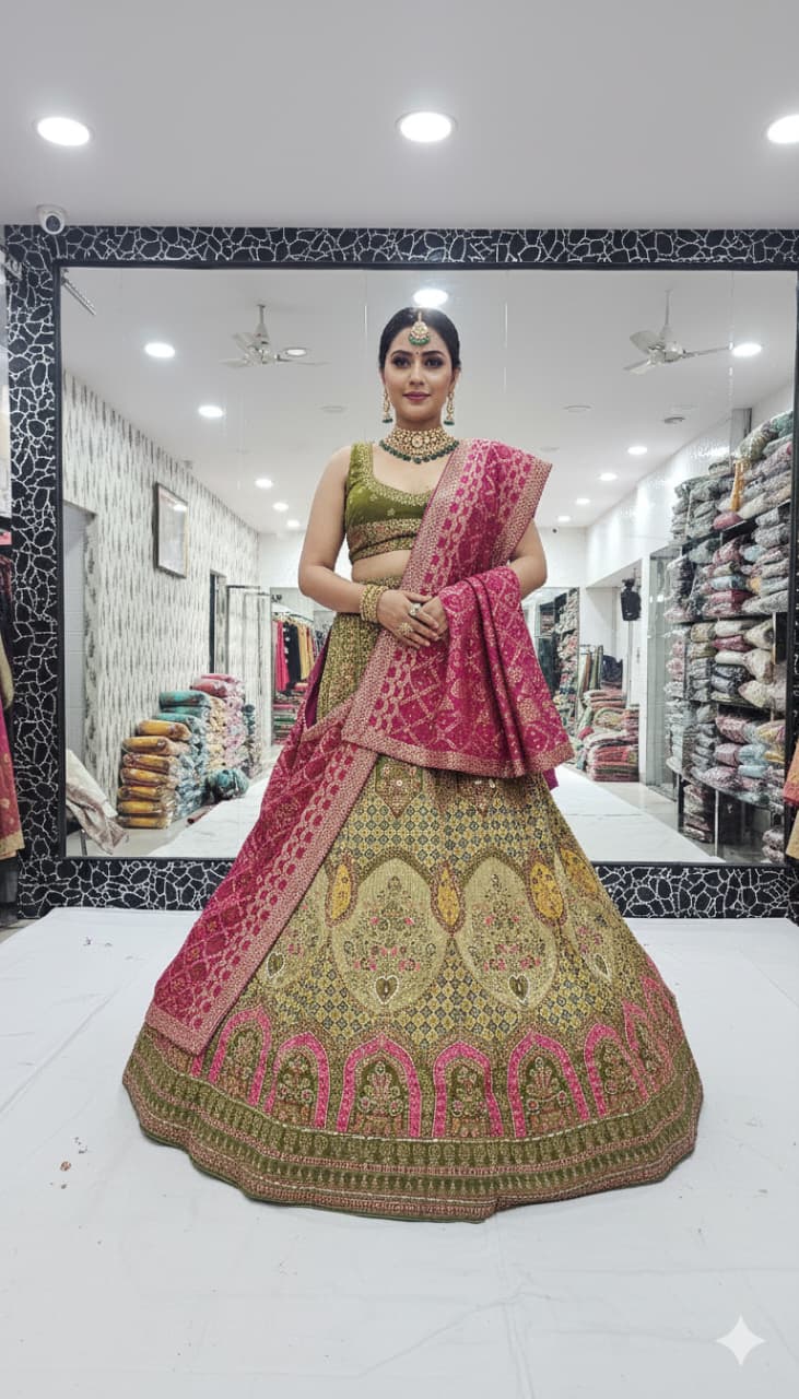 Mahendi Pure Silk Rajsthani Rajputi Lehenga Choli 