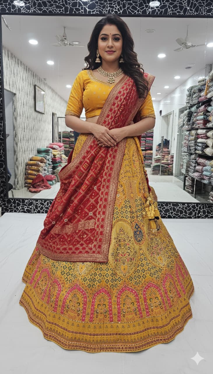 Yellow Pure Silk Rajsthani Rajputi Lehenga Choli 
