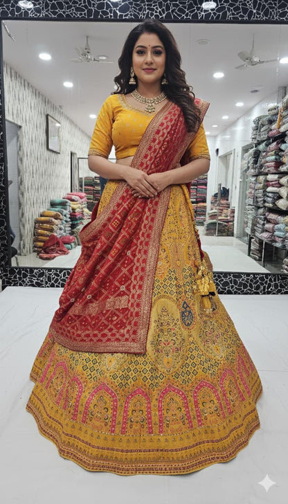 Yellow Pure Silk Rajsthani Rajputi Lehenga Choli 