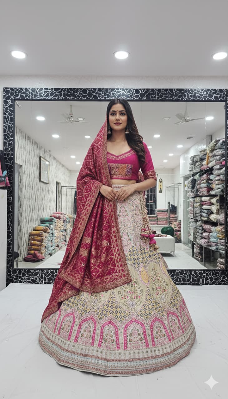 White Pure Silk Rajsthani Rajputi Lehenga Choli 