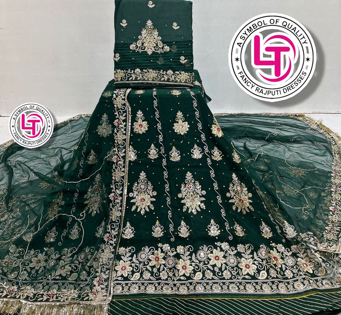 Green Pure Georgette Chunri Rajsthani Rajputi Lehenga Choli 