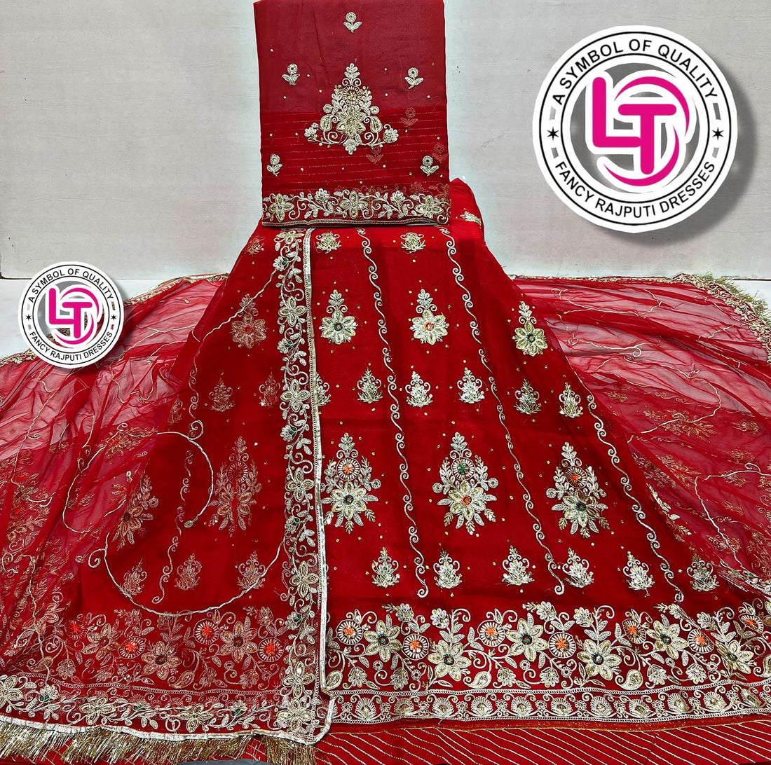 Red Pure Georgette Chunri Rajsthani Rajputi Lehenga Choli 