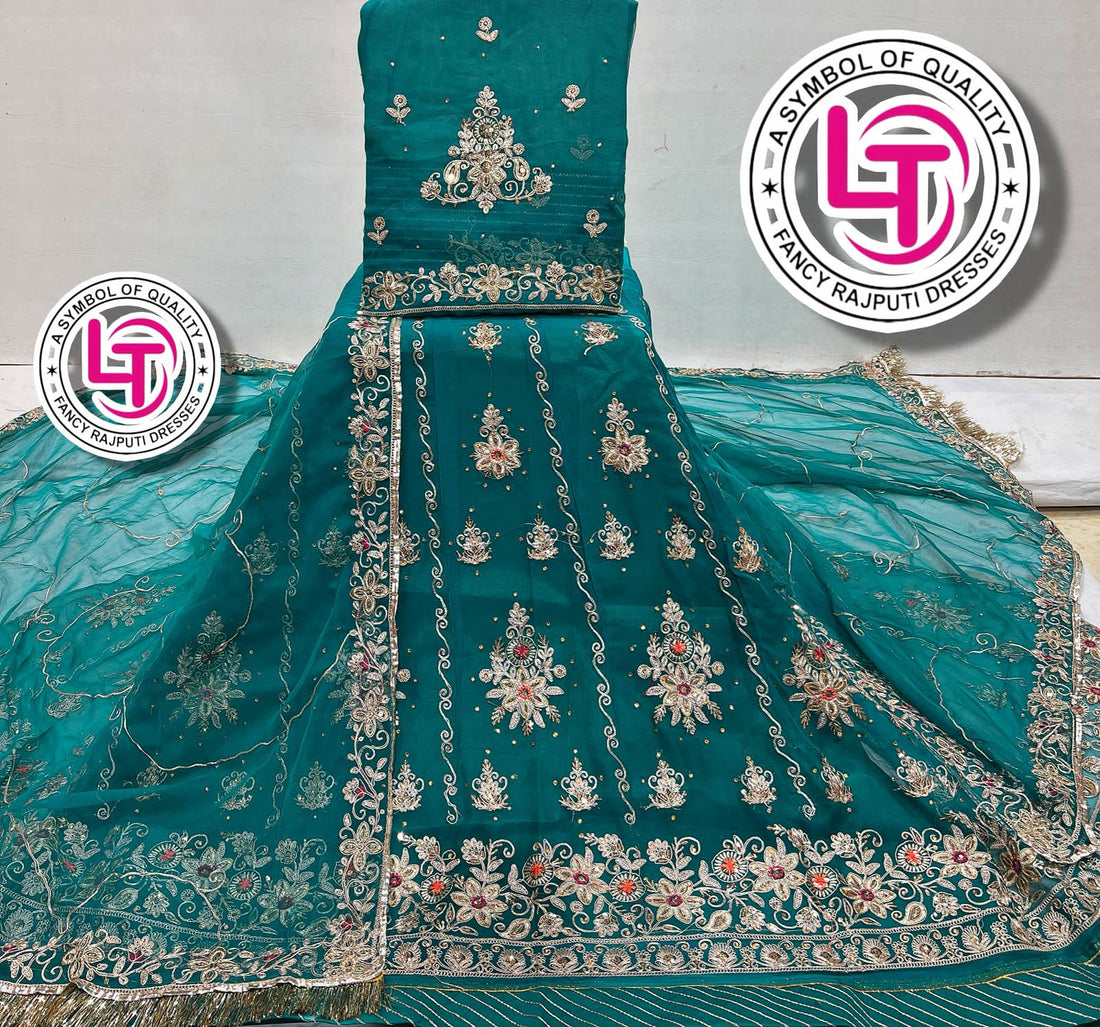 Teal Pure Georgette Chunri Rajsthani Rajputi Lehenga Choli 