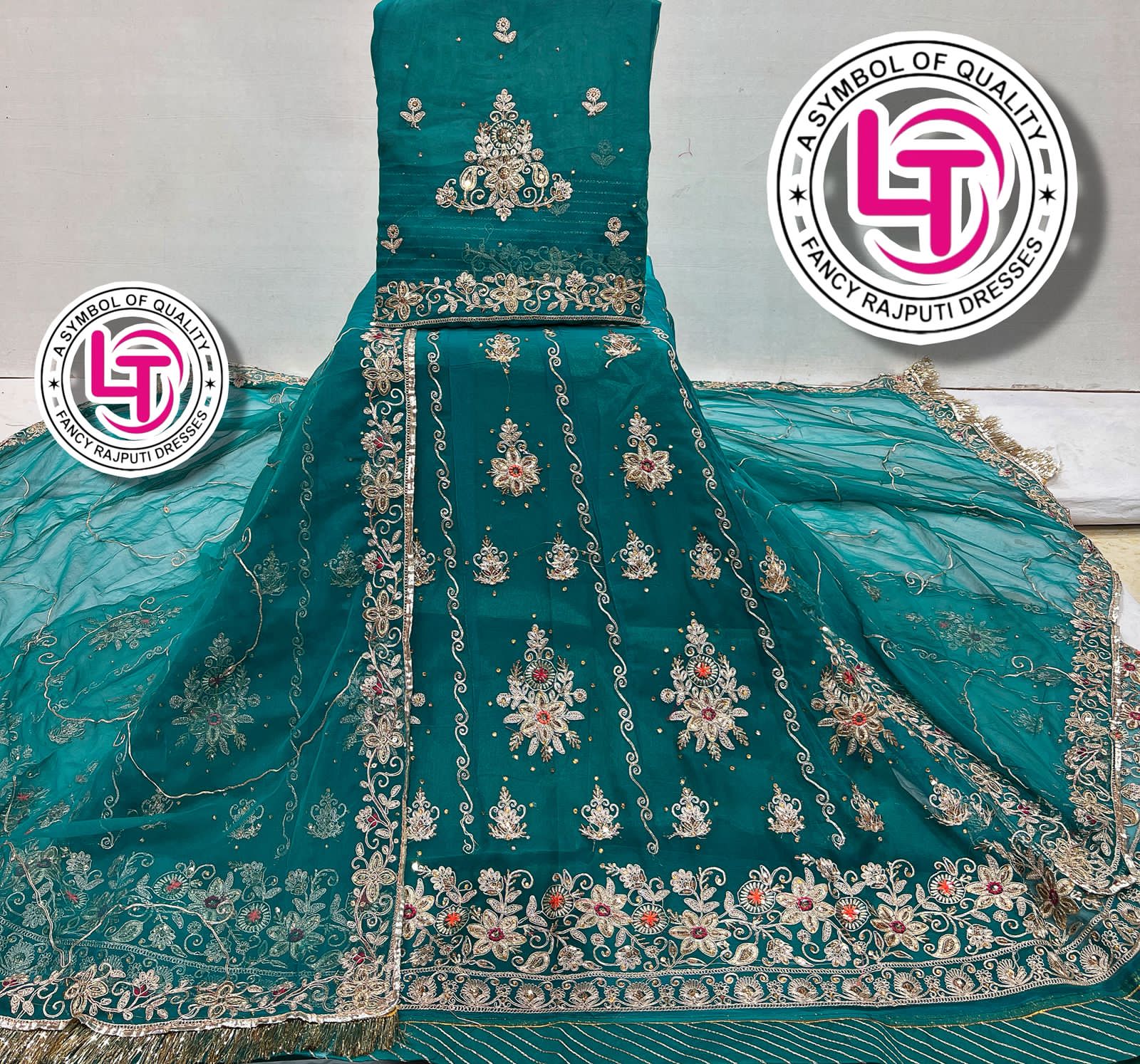 Teal Pure Georgette Chunri Rajsthani Rajputi Lehenga Choli 
