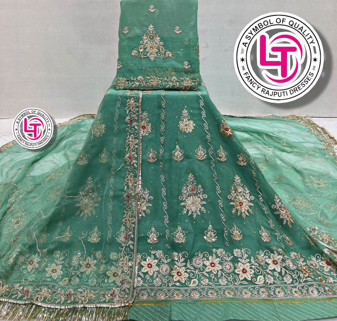 Light Green Pure Georgette Chunri Rajsthani Rajputi Lehenga Choli 
