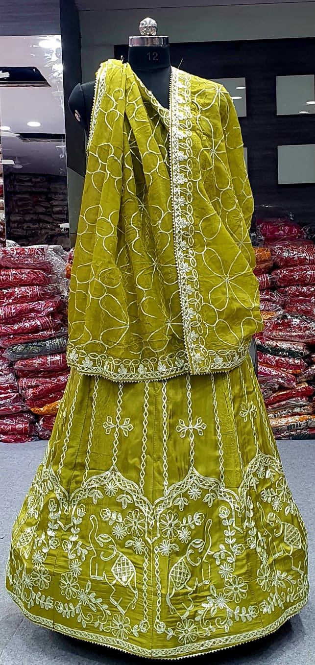 Lemon Green Pure Upada Silk Rajsthani Rajputi Lehenga Choli 