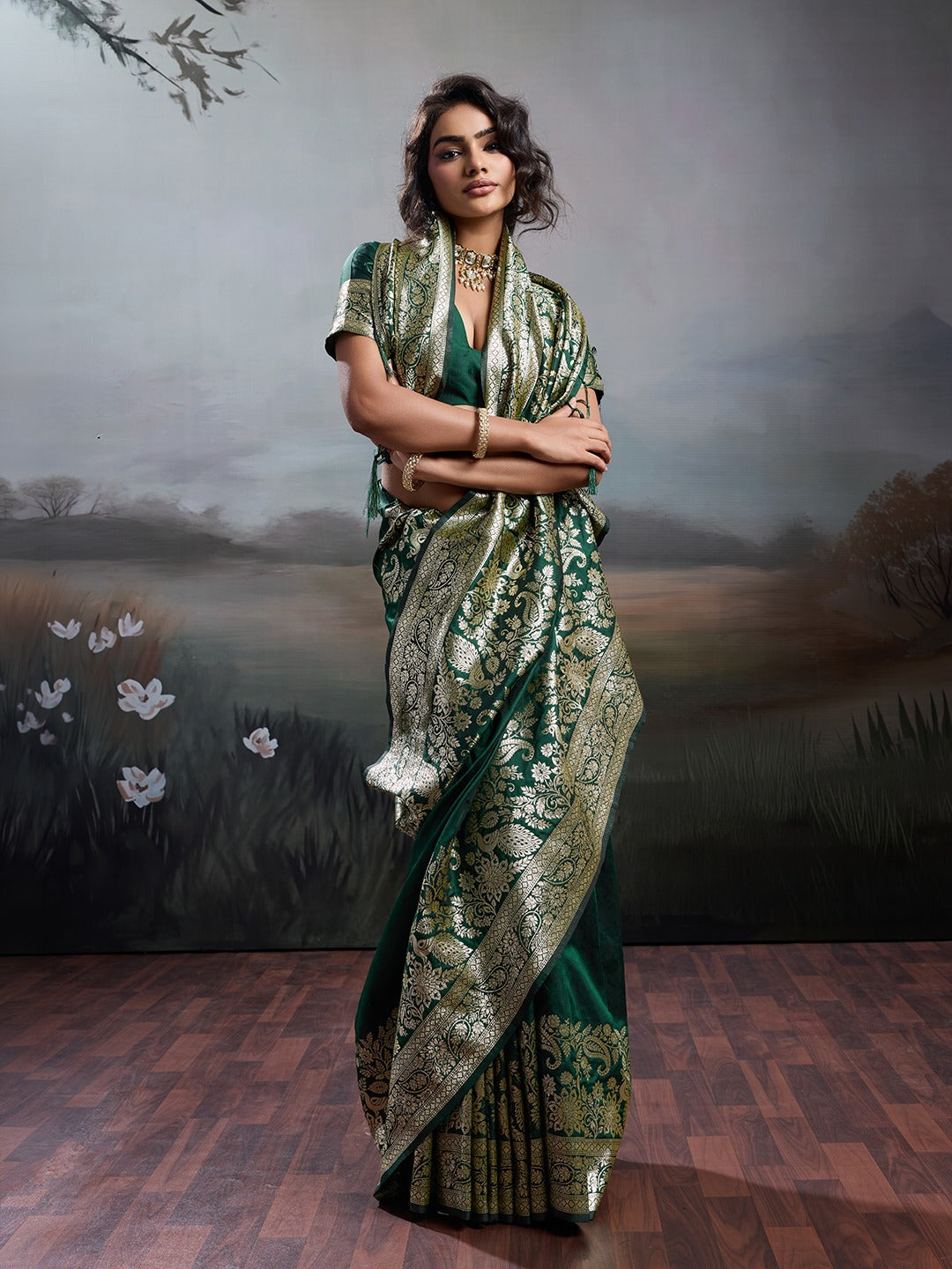 Green Banarasi Rajwada Silk Blend With Zari Work Saree