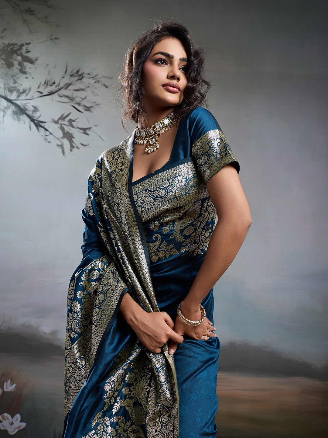 Blue Banarasi Rajwada Silk Blend With Zari Work Saree