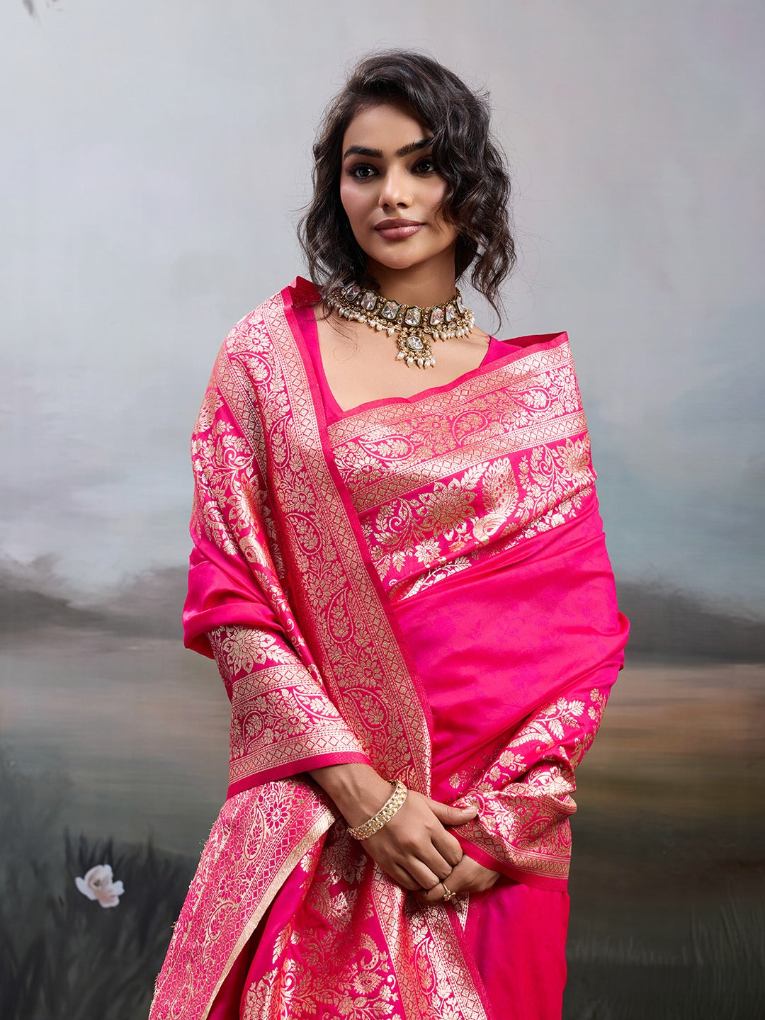 Pink Banarasi Rajwada Silk Blend With Zari Work Saree