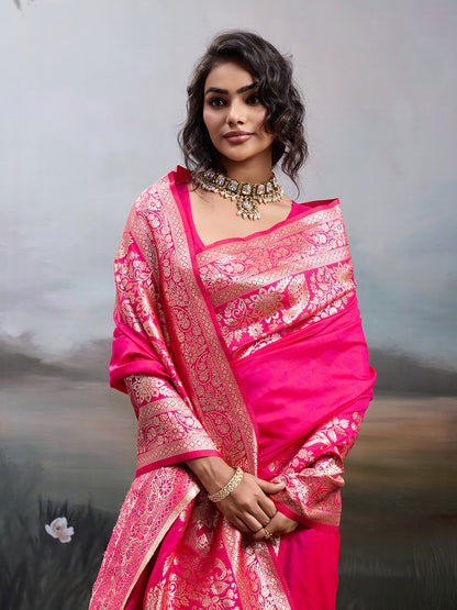 Pink Banarasi Rajwada Silk Blend With Zari Work Saree