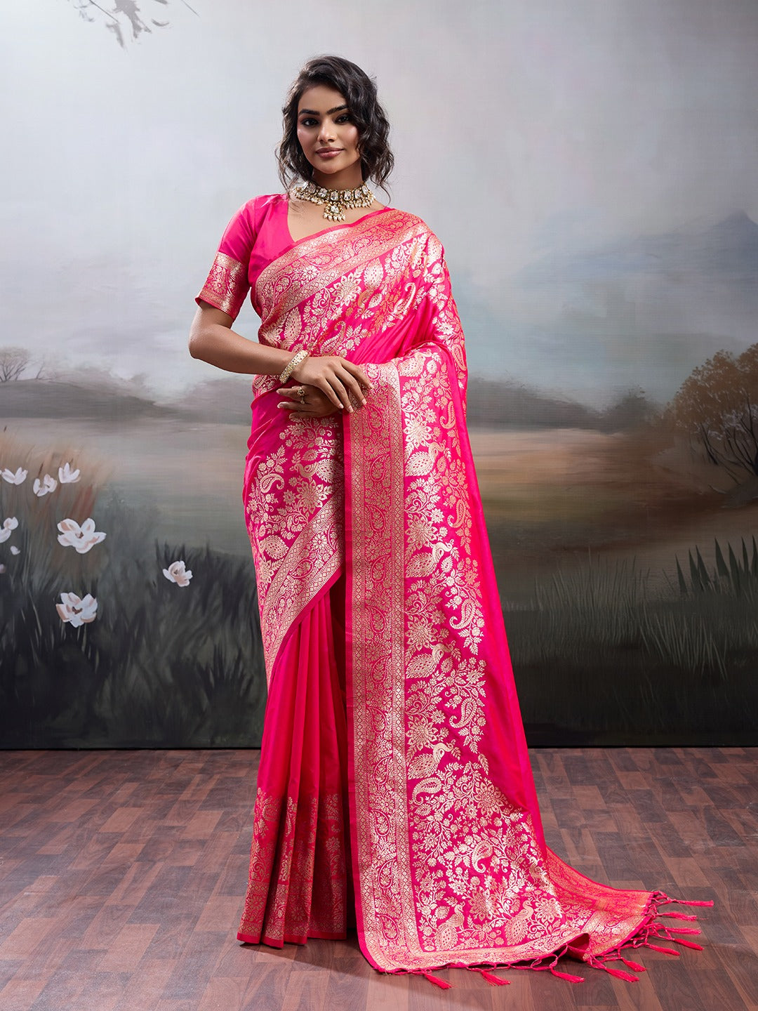 Pink Banarasi Rajwada Silk Blend With Zari Work Saree