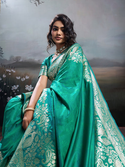 Rama Banarasi Rajwada Silk Blend With Zari Work Saree