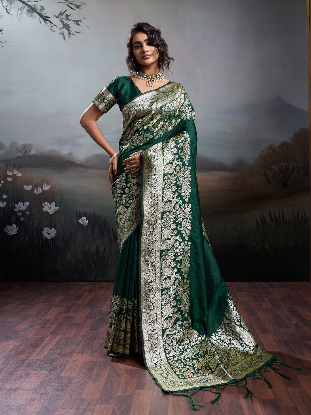 Green Banarasi Rajwada Silk Blend With Zari Work Saree