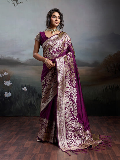 Magenta Banarasi Rajwada Silk Blend With Zari Work Saree