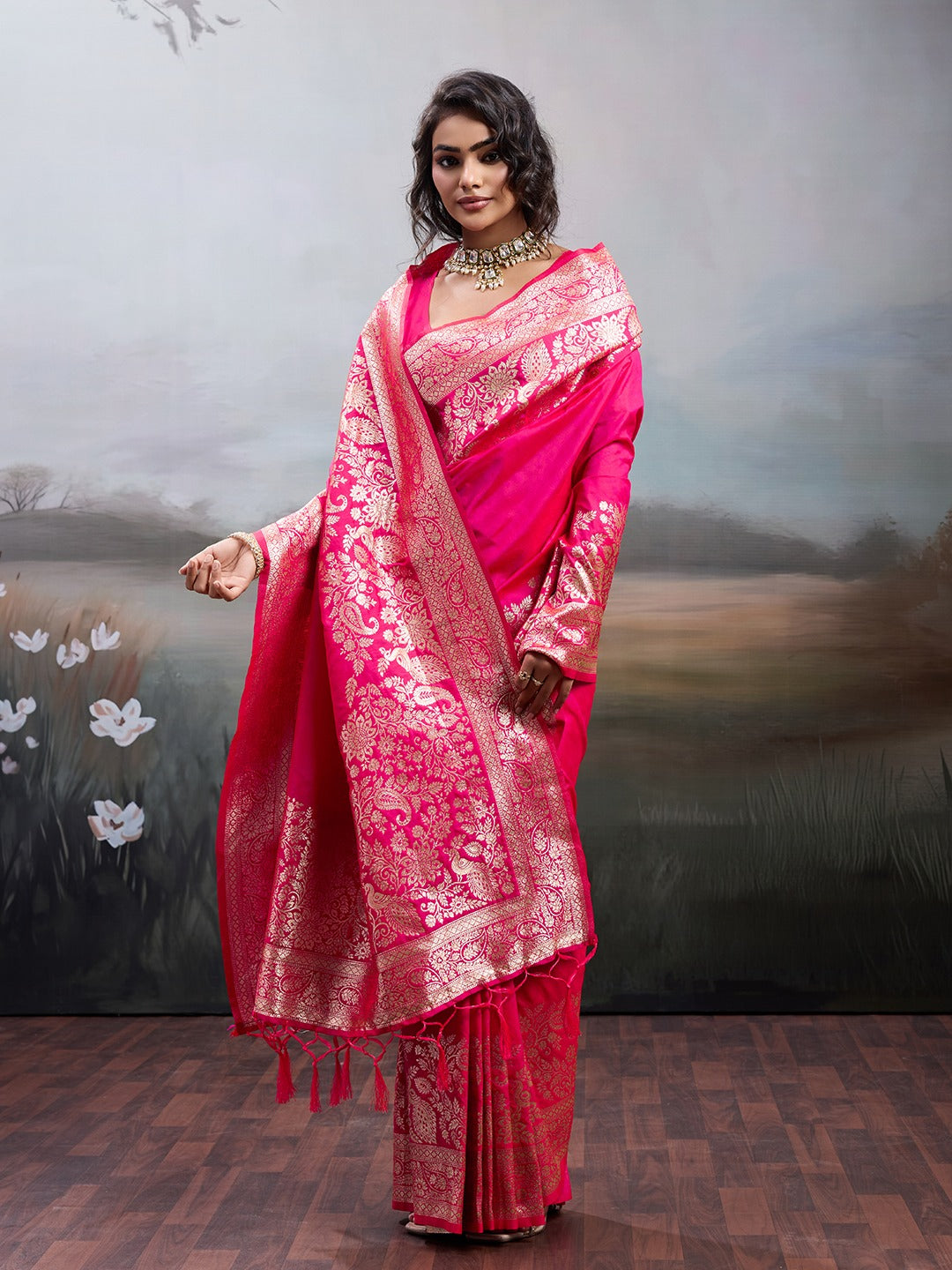 Pink Banarasi Rajwada Silk Blend With Zari Work Saree