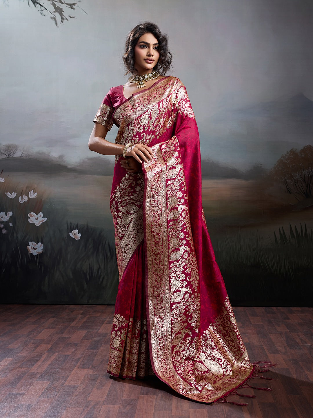 Red Banarasi Rajwada Silk Blend With Zari Work Saree