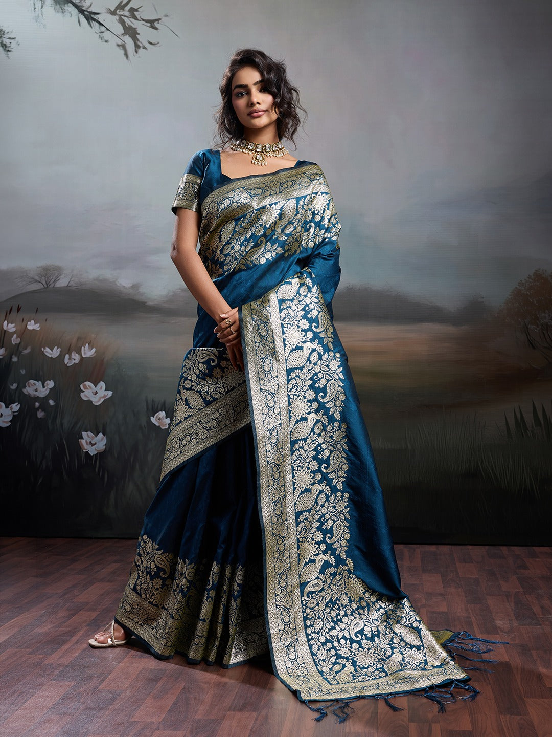 Blue Banarasi Rajwada Silk Blend With Zari Work Saree