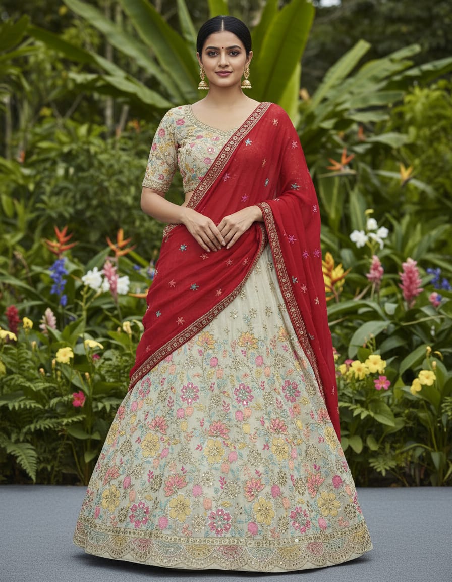 Beige Pure Cosmos Silk Rajsthani Traditional Lehenga Choli