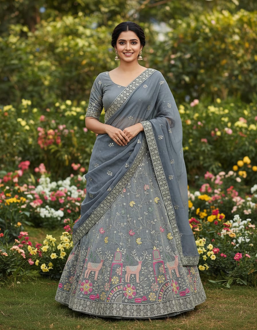 Grey Pure Cosmos Silk Rajsthani Traditional Lehenga Choli