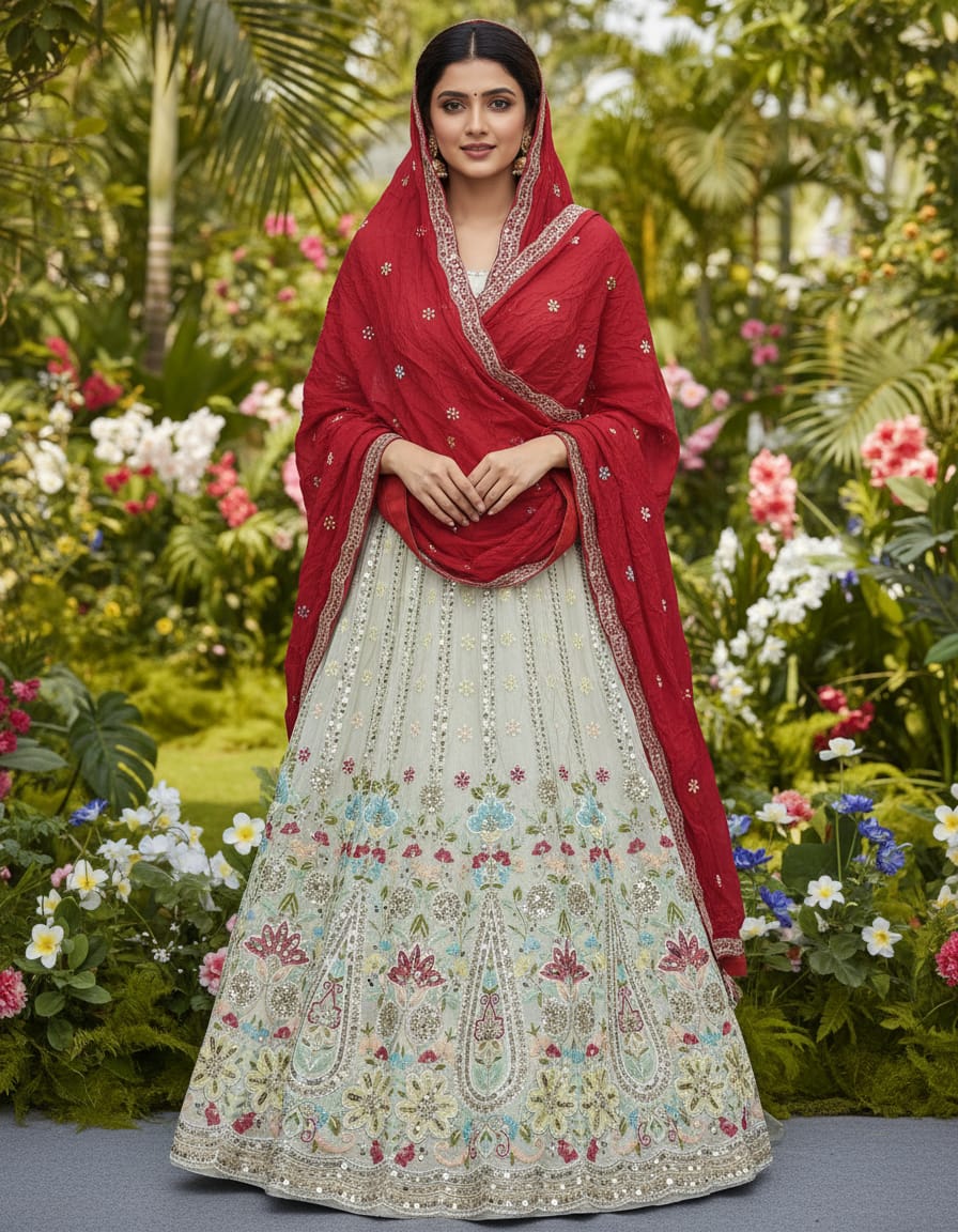 Off-white Pure Cosmos Silk Rajsthani Traditional Lehenga Choli