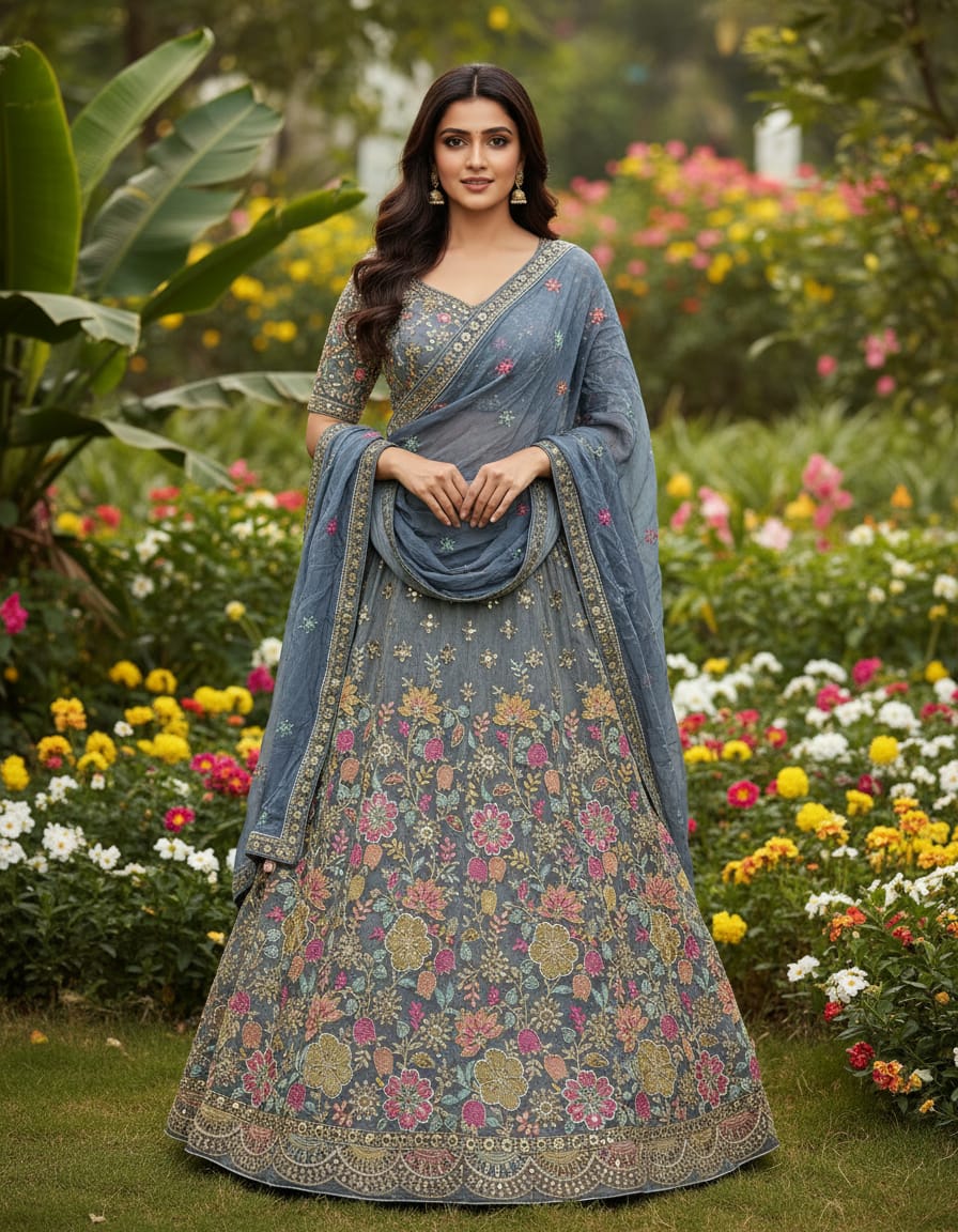 Grey Pure Cosmos Silk Rajsthani Traditional Lehenga Choli
