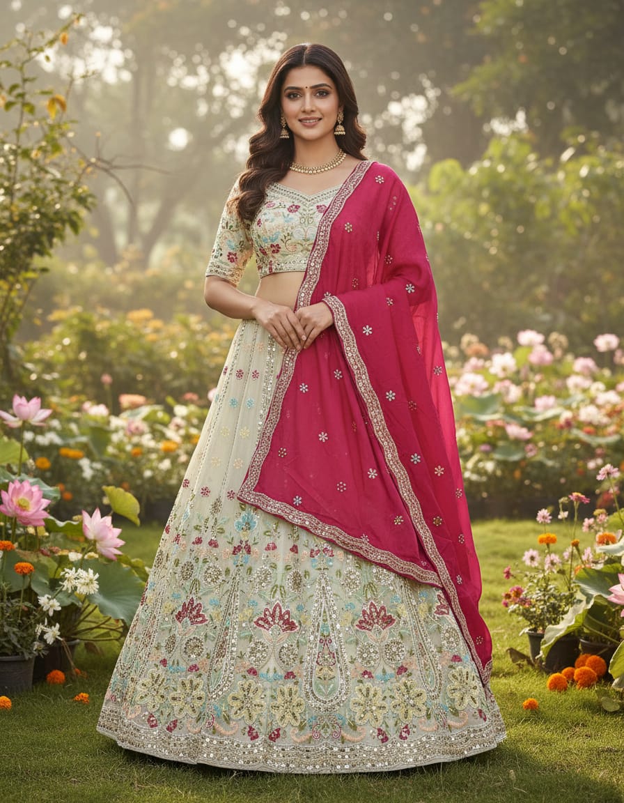 Beige Pure Cosmos Silk Rajsthani Traditional Lehenga Choli
