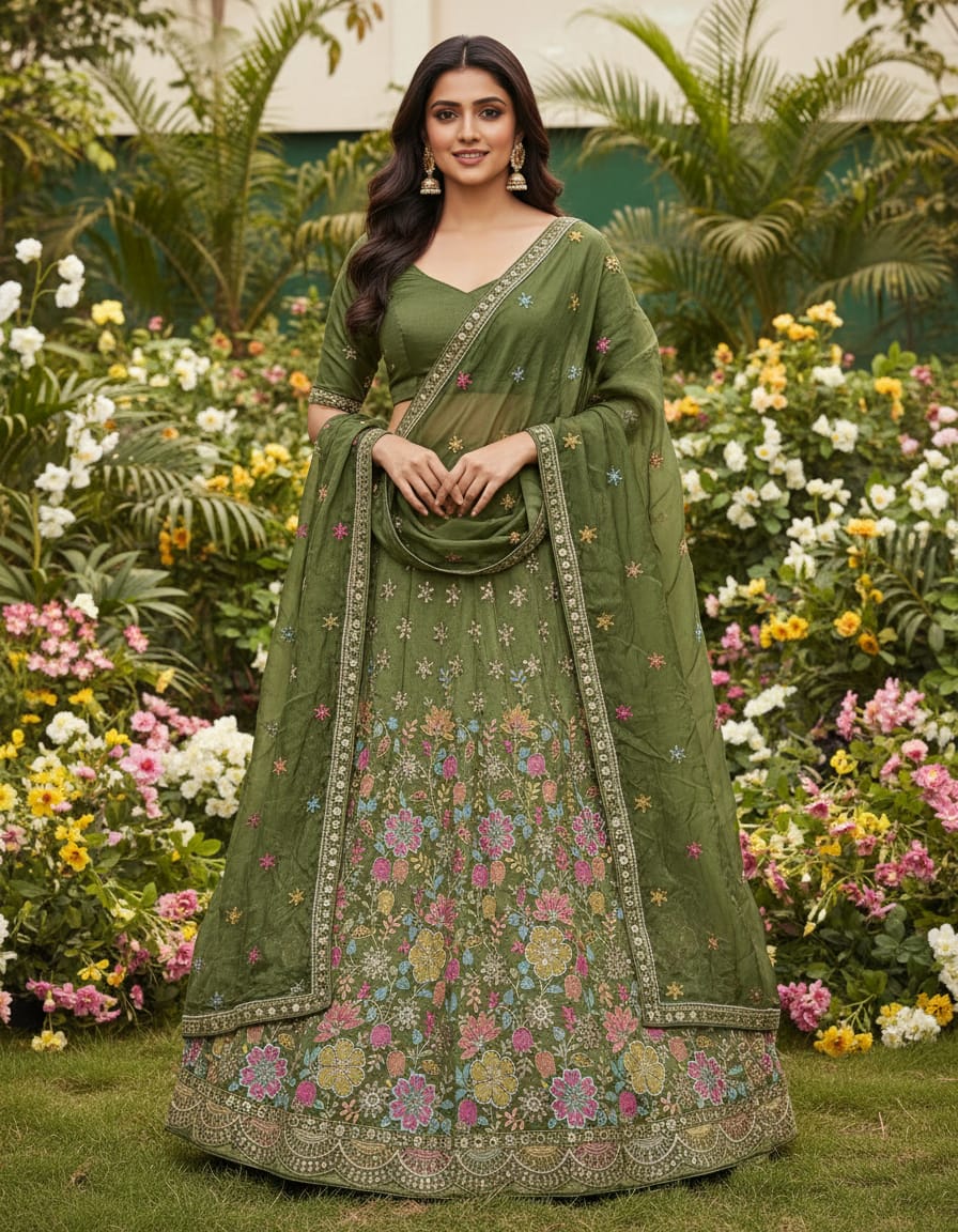 Green Pure Cosmos Silk Rajsthani Traditional Lehenga Choli