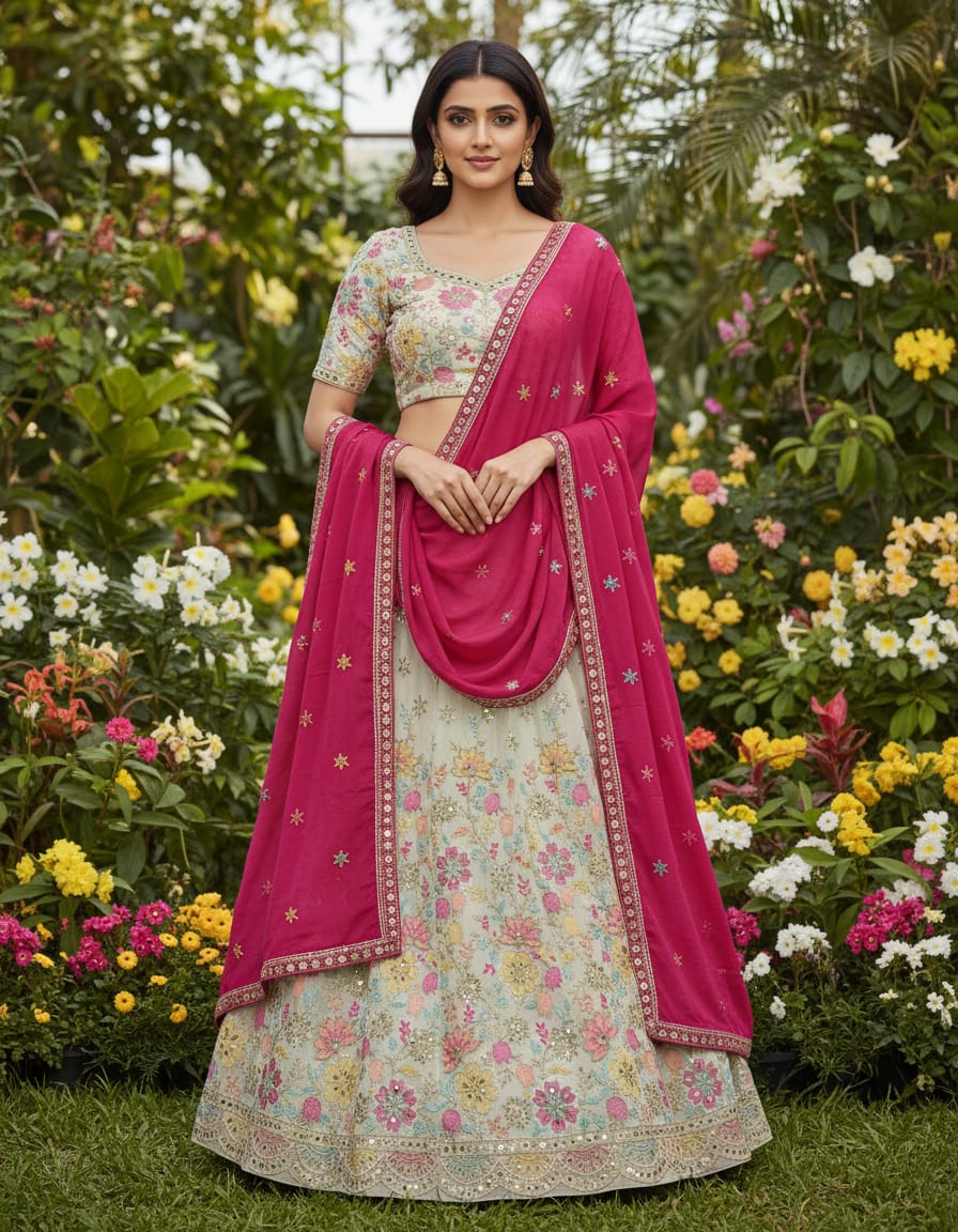 Cream Pure Cosmos Silk Rajsthani Traditional Lehenga Choli